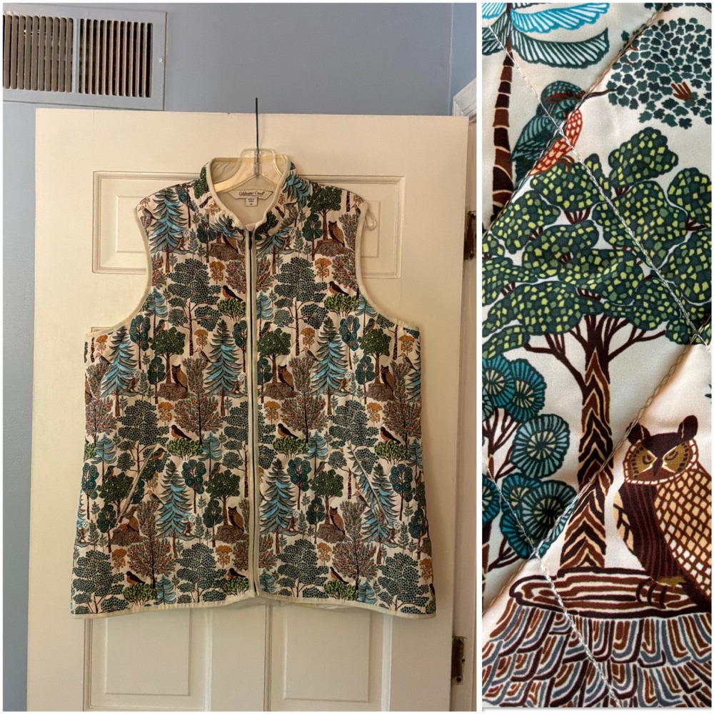 Coldwater Creek Woodland Owl Quilted Vest 1X Zip Front Nature Print Layer